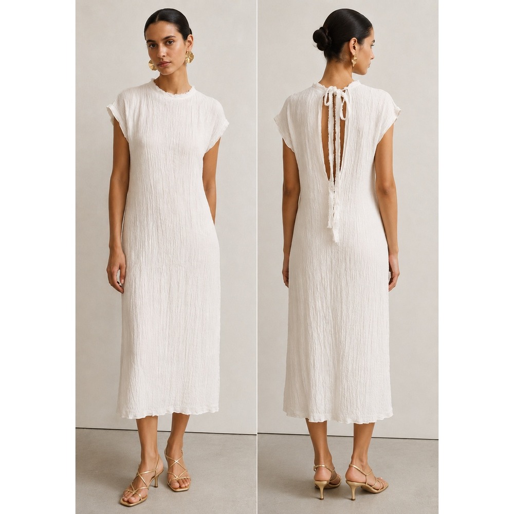 Zara White Textured Open Back Midi Dress Sleeveless Fringe High Neck XS 8142/047